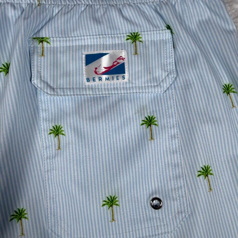 Bermies Swim Trunks Mens L Blue White Striped Palm Tree Stretch Mesh Lining